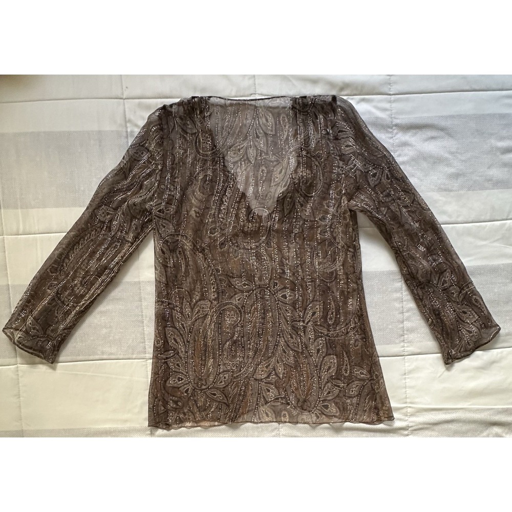 Y2K Bohemian Sheer Blouse Metallic Thread Deep V Velvet Ribbon Trim Sequins READ - Picture 5 of 12